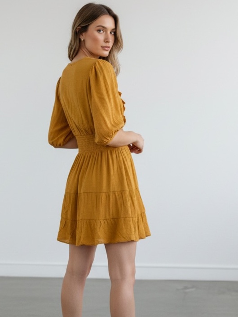 Women’s Mustard V-Neck Ruffle Tiered Dress